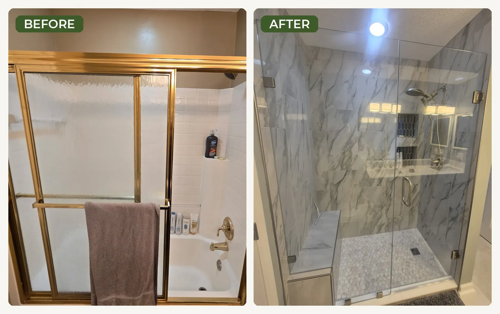 Before and after: tub with gold sliding doors converted to a low-threshold walk-in shower with built-in bench